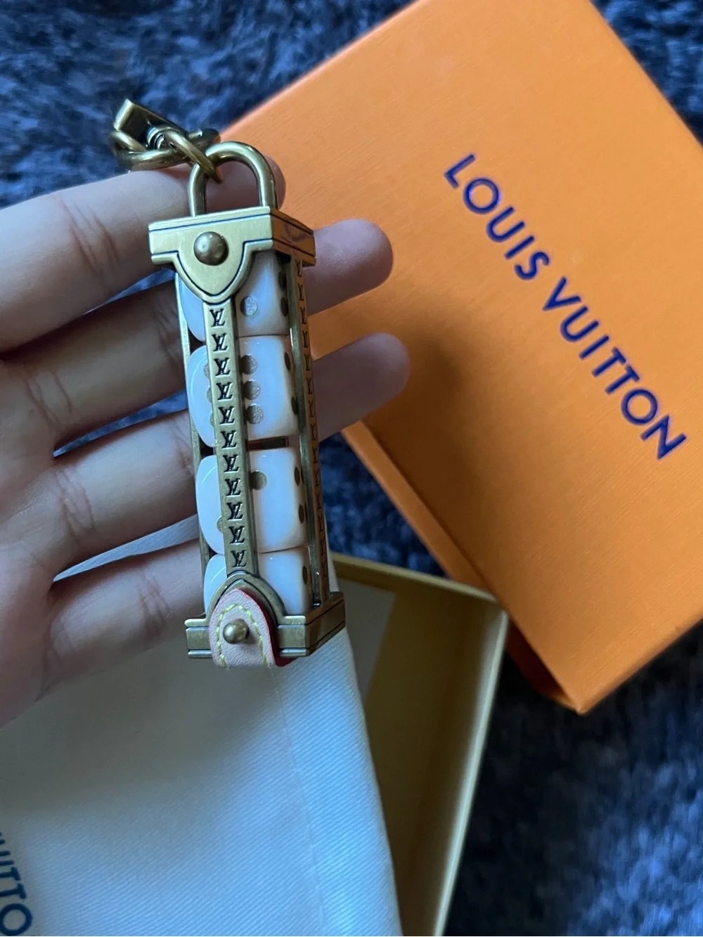 Vintage Louis Vuitton Brass and White dice love Key Charm Keychain gift